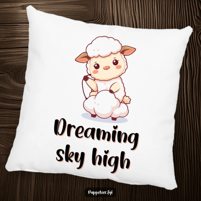 Funny sheep pillow showcasing a beaming sheep controlling a tiny cloud puppet that drifts, offering humorous decorative comfort.