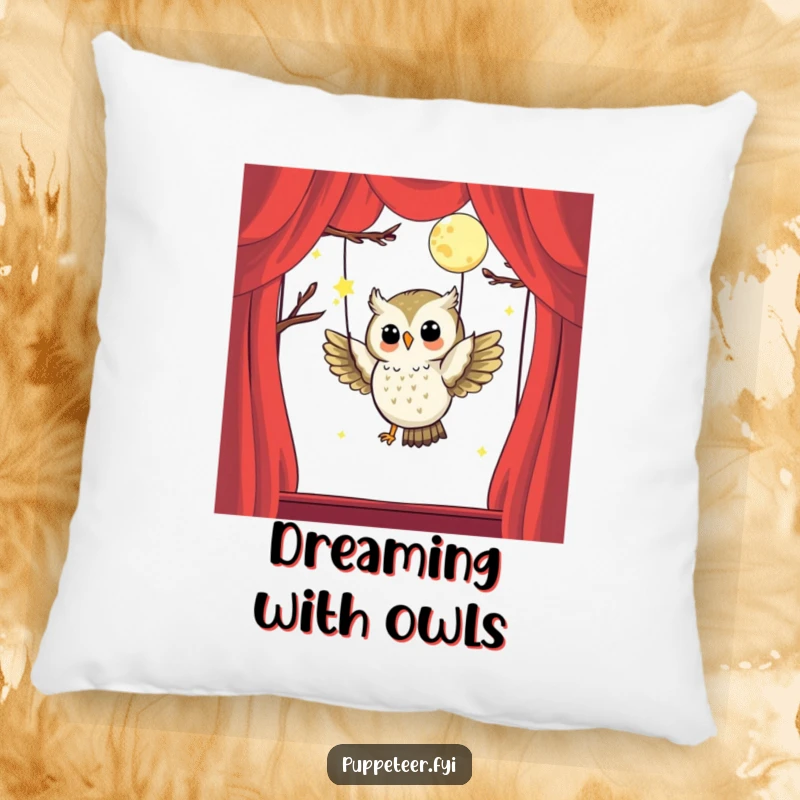 Funny pillow with a happy owl puppet master flying a moon puppet, providing comfort and a touch of whimsical magic.