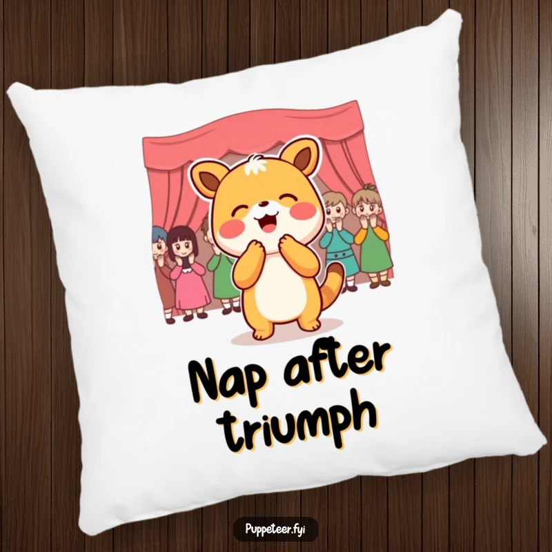Funny Pillow: Joyful animal character bowing to an applauding puppet audience, bringing humor and comfort.