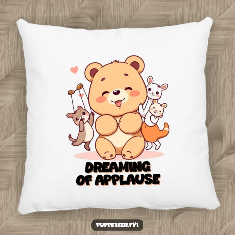 Funny bear cub pillow with a cheerful bear cub bowing with its happy, dancing animal puppets, a comfortable and humorous decor item.