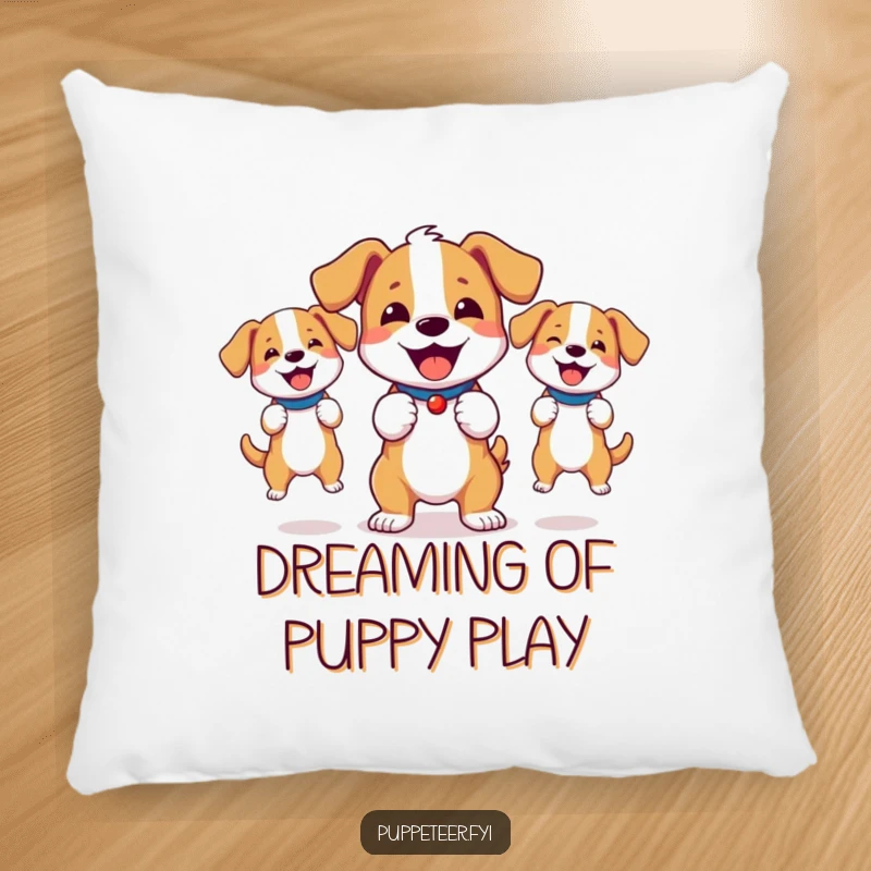 Funny pillow featuring a bouncy dog joyfully controlling energetic dog puppets, offering comfort and fun.