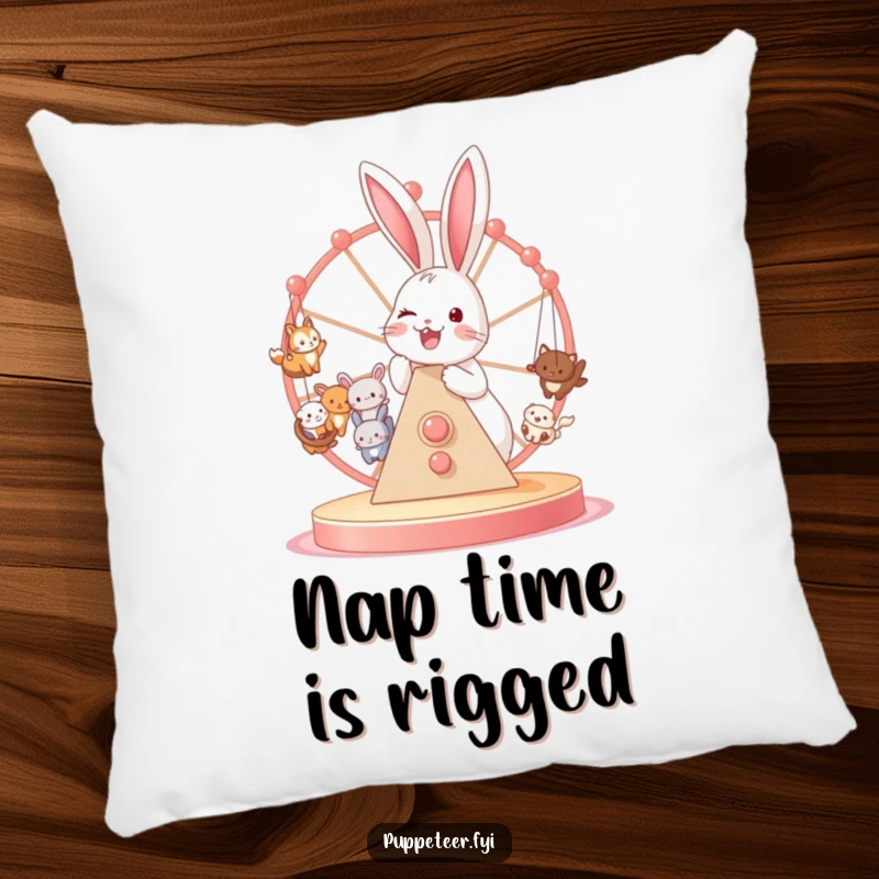 Funny pillow art of a joyful bunny operating a Ferris wheel brimming with tiny animal puppets, offering a comfy chuckle.