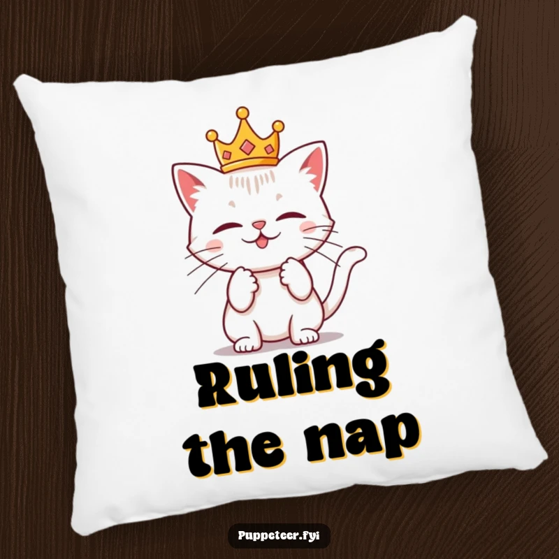 Funny pillow featuring a mischievous cat in a tiny crown, tugging on invisible strings, perfect for adding playful comfort.