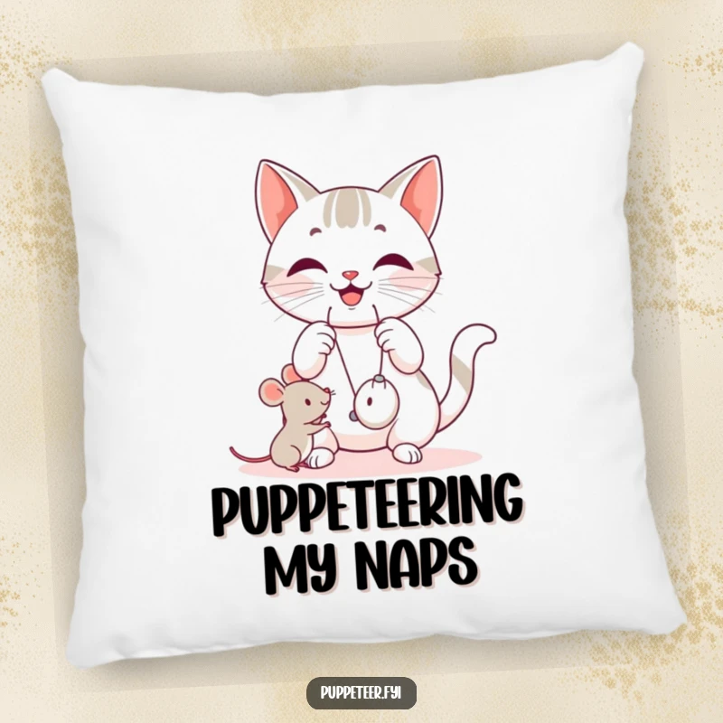 Funny cat pillow with a happy cat manipulating strings, making a small mouse toy jump, offering soft, playful comfort.