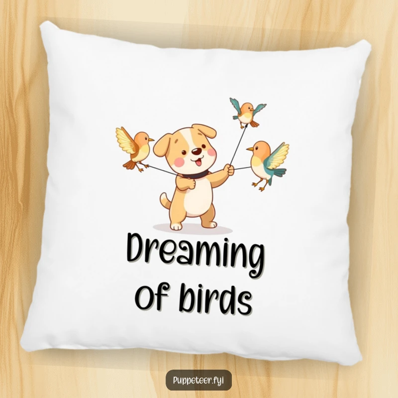 Funny pillow showcasing a playful dog character pulling strings to make bird puppets flap their wings, soft and amusing.