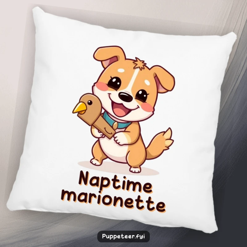 Funny dog pillow showcasing a playful dog with a cheerful grin as a puppet master controlling a wooden bird.