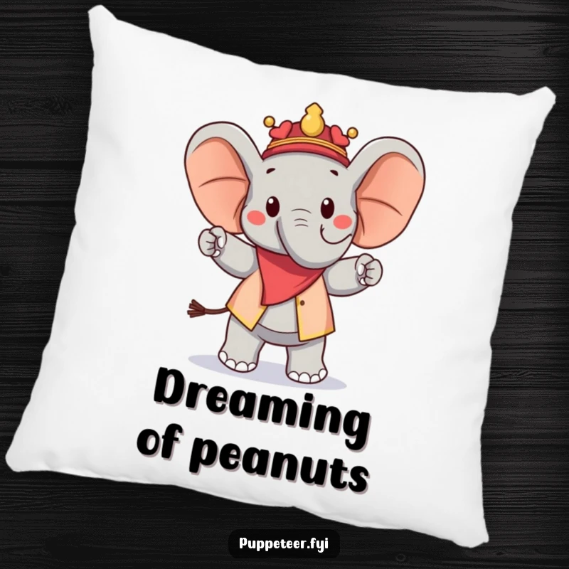 Funny pillow showcasing a cheerful elephant puppet master directing a peanut puppet's proud march, offering soft comfort and humorous appeal.