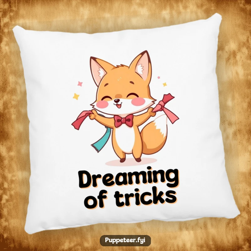 Funny pillow featuring a bowtie-wearing fox performing a magic trick with scarves, offering cozy enchantment and playful comfort.