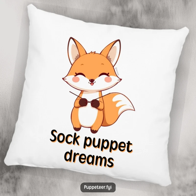 Funny pillow showcasing a happy fox character making a sock puppet wave, soft and humorous decorative item.