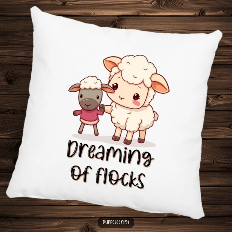 Funny pillow with a gentle kawaii sheep guiding a puppet, offering comfort and heartwarming decor.