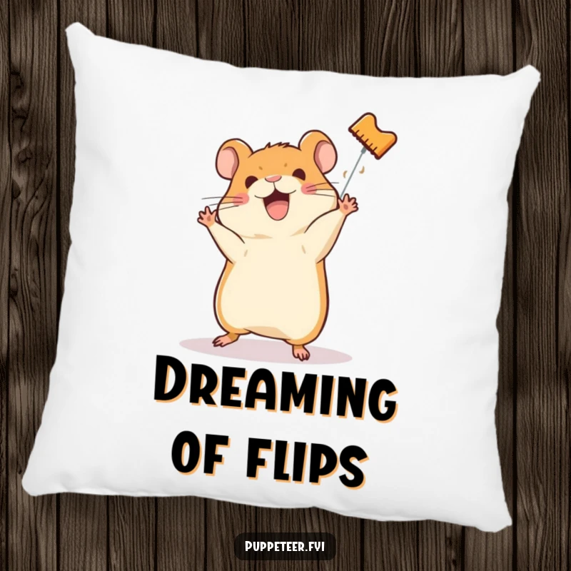 Funny pillow art of a happy hamster training a hamster puppet for a somersault, inviting cuddles and laughs.