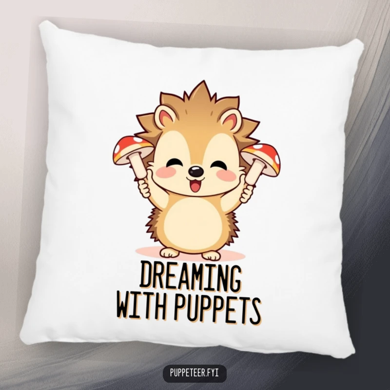 Funny pillow featuring a playful hedgehog controlling giggling mushroom puppets, bringing forest magic to any cozy spot.