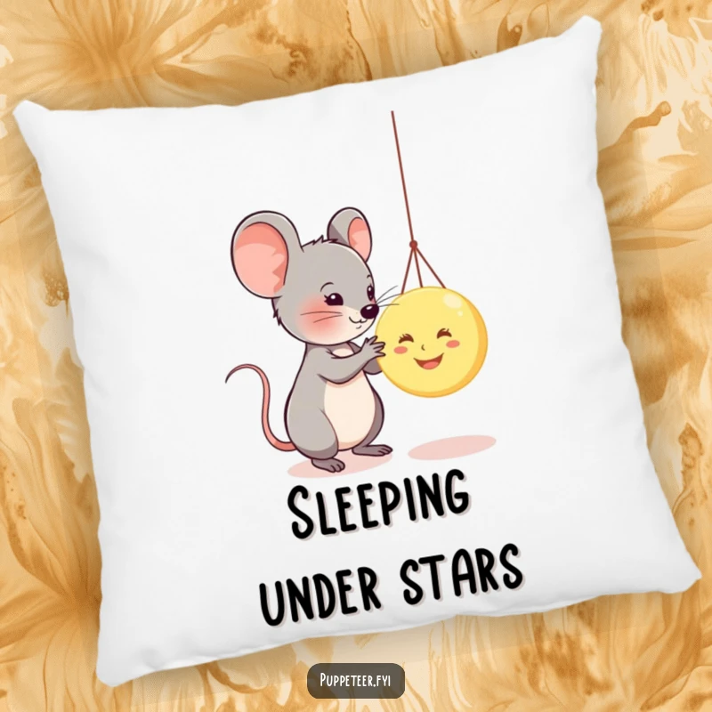 Funny pillow showcasing a mouse character expertly handling a tiny smiling moon puppet, designed for maximum humor and comfort.