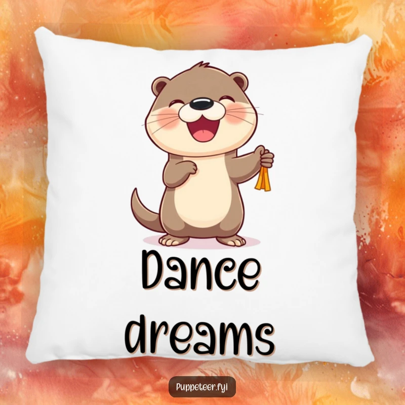 Funny Otter Puppet Dancer Pillow with a cheerful otter joyfully animating a puppet, a humorous and cozy gift.