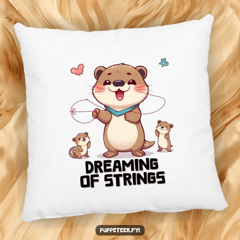 Funny pillow showcasing a delighted otter character in a theatrical pose, controlling animal puppets with strings for a humorous effect.