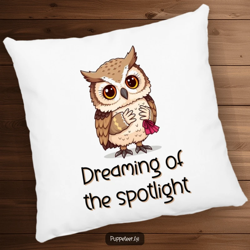 Funny wise owl observes a handcrafted puppet taking a graceful bow, bringing theatrical charm to decor.