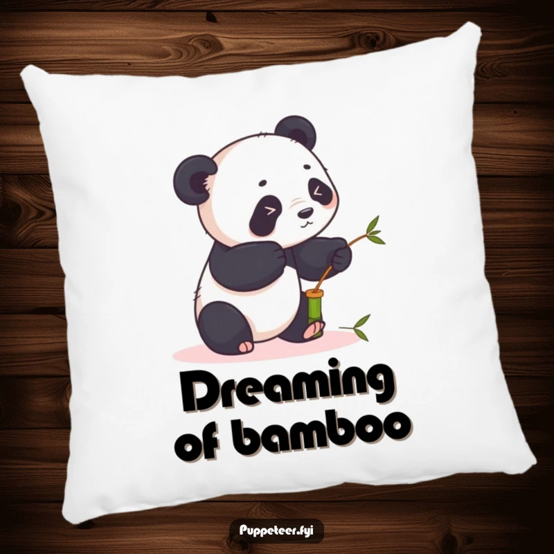 Funny panda pillow showcasing a playful panda animating a bamboo puppet with sticks, offering humorous decorative comfort.