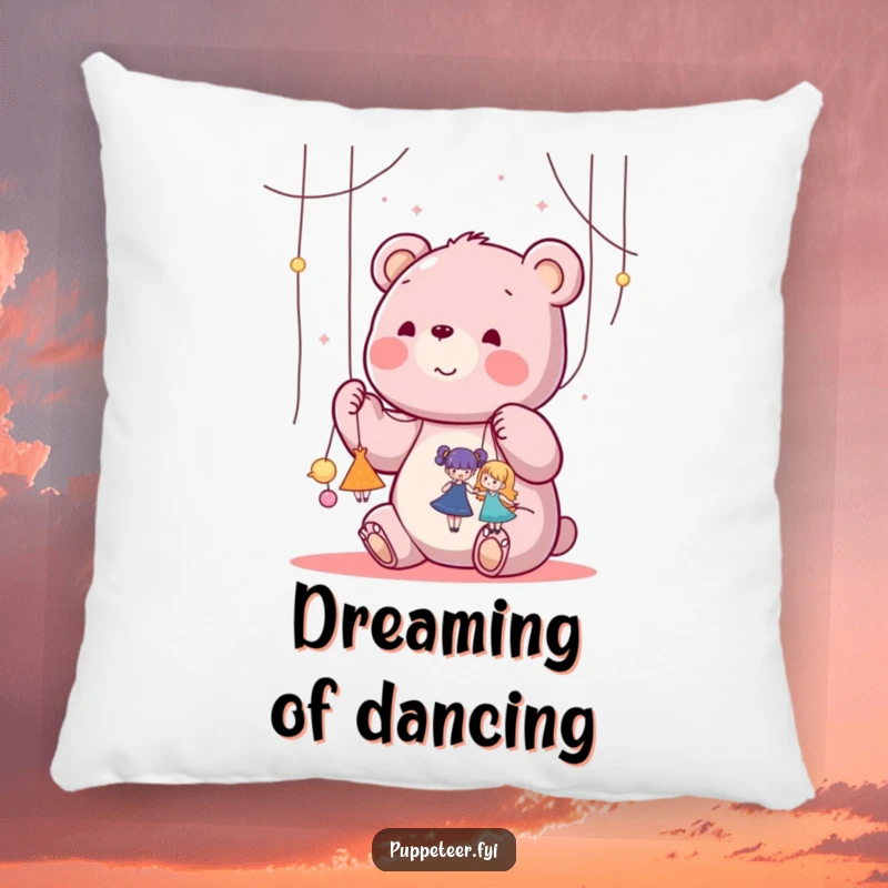 Funny kawaii bear happily manipulating strings attached to tiny dancing puppets on a soft pillow, ideal for a funny gift.