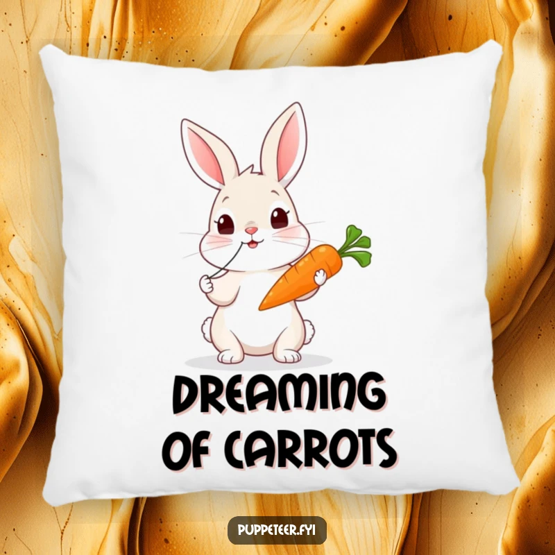 Funny rabbit pillow showing a curious rabbit tugging strings to make a carrot puppet wiggle with playful charm.