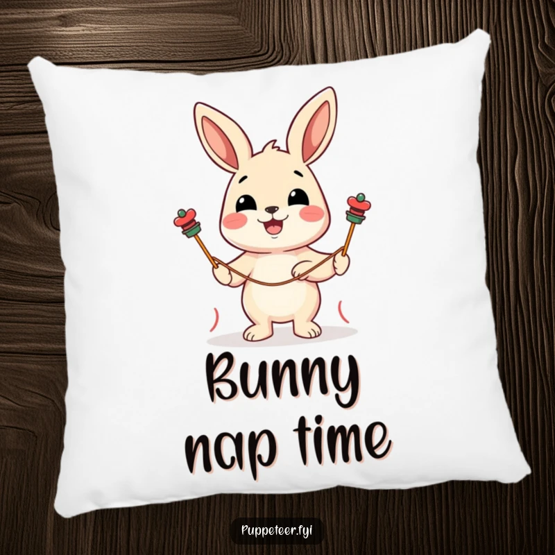 Funny pillow showcasing a cheerful rabbit character guiding two string puppets with a delighted expression, soft and amusing.