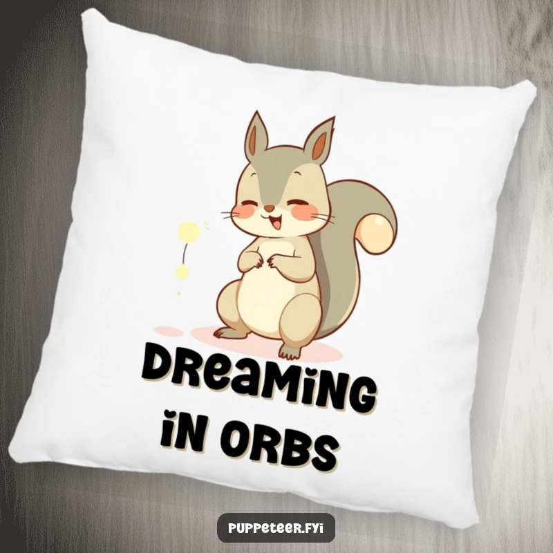 Funny pillow featuring a giggling squirrel controlling glowing orbs with its tail, perfect for adding magical comfort to any seating.