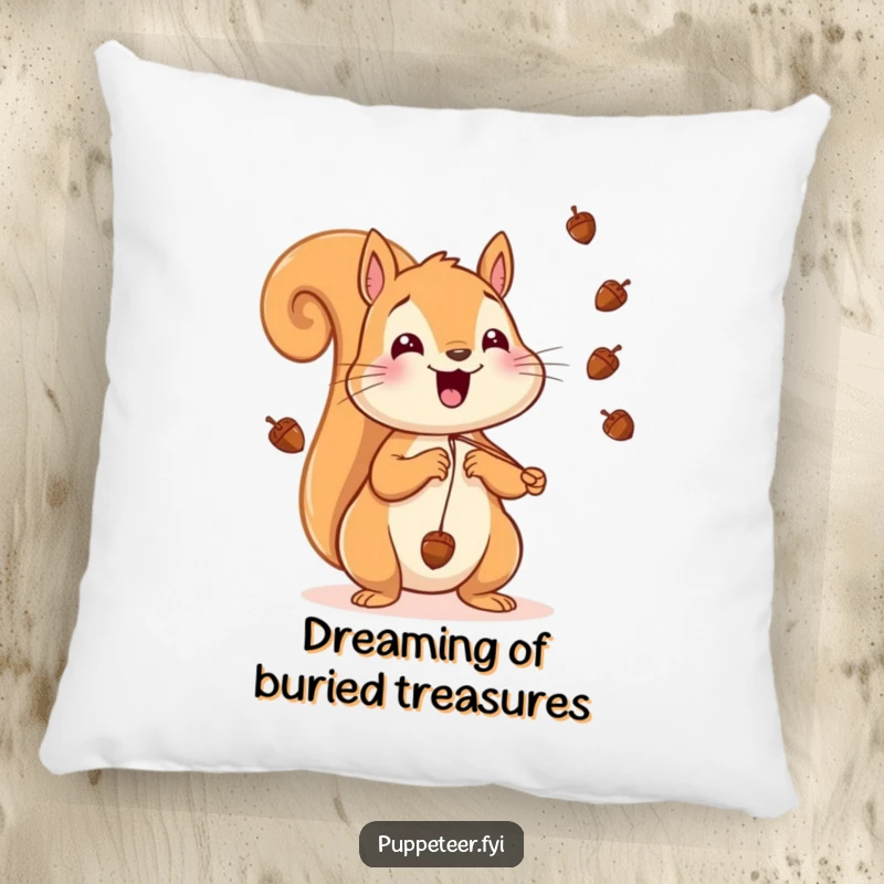 Funny Squirrel Pillow showing a cheerful squirrel making acorns fly, offering comfort and a dose of nutty humor.
