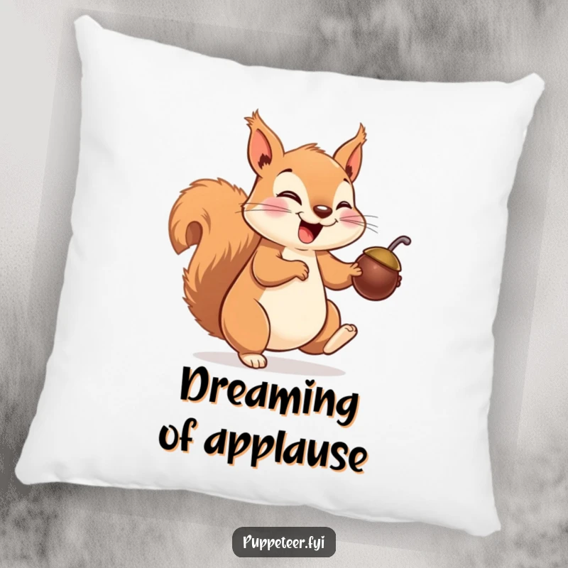 Funny squirrel pillow with a giggling squirrel making a nut puppet hop, adding a touch of playful humor.