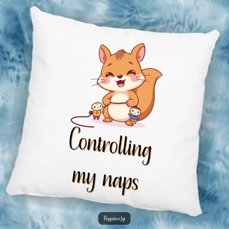 Funny squirrel pillow with a cheerful squirrel controlling two tiny characters with a string, offering playful comfort and decor.