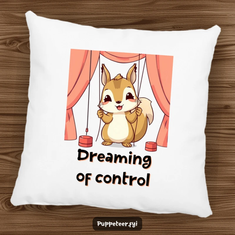 Funny pillow featuring a happy squirrel character meticulously adjusting puppet strings with intense focus, ideal for a focused relaxation.