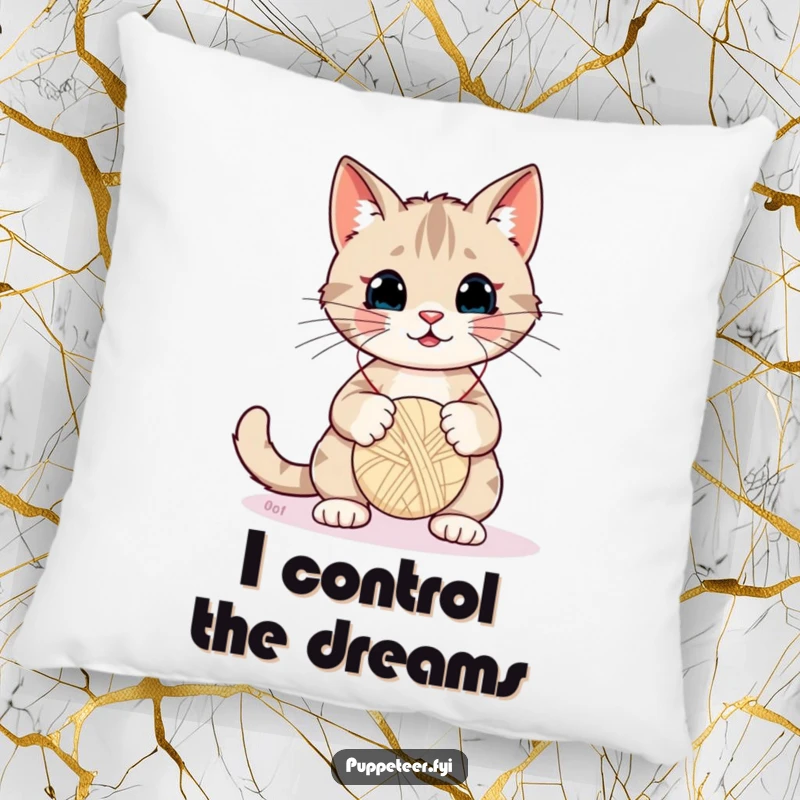 Funny Cat Pillow: A cute cat controls a yarn ball puppet with strings, designed for maximum comfort and humorous appeal.