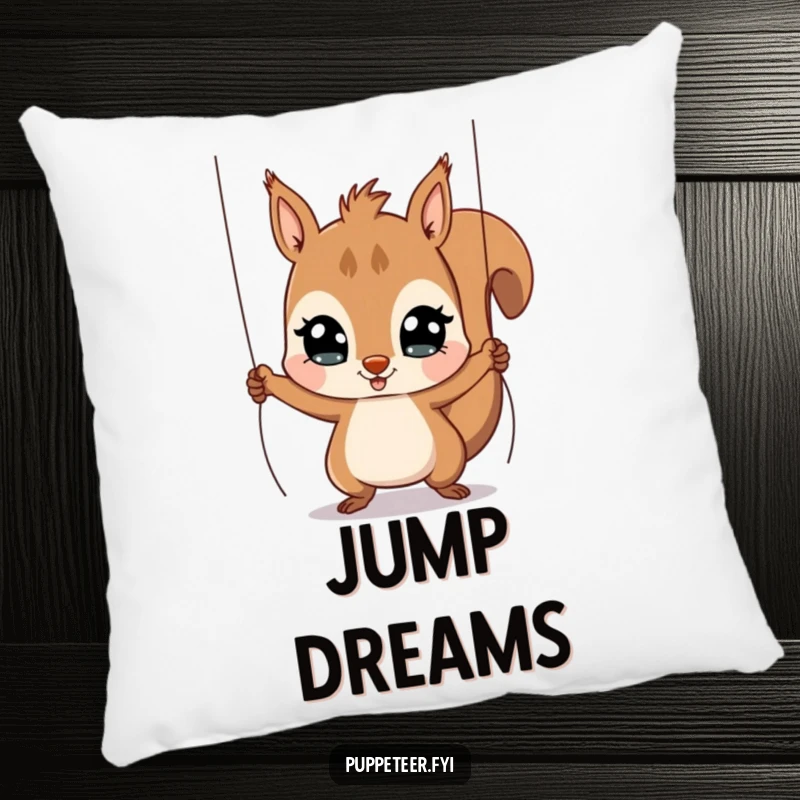 Funny Squirrel Puppet Master Pillow with a playful squirrel controlling a jumping puppet, a humorous and cozy gift.