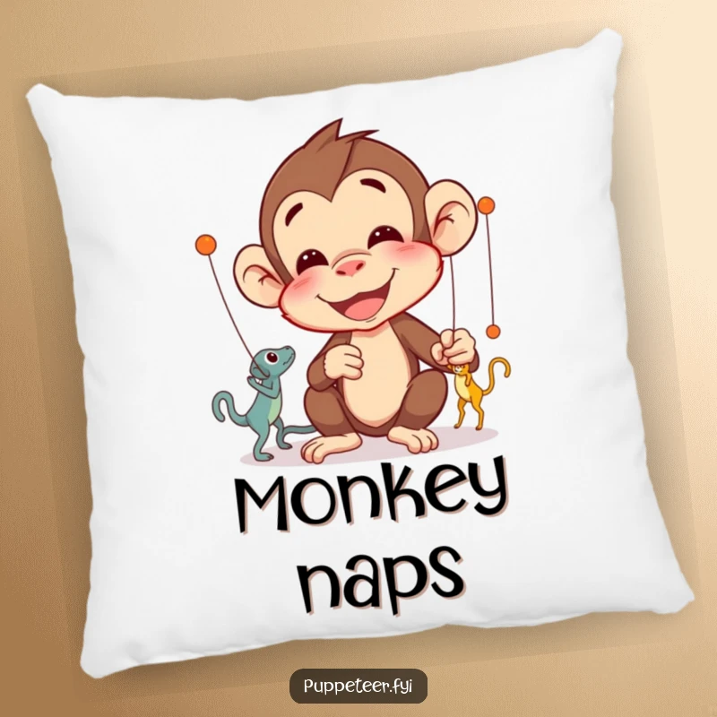Funny Monkey Puppet Master Pillow with a delighted monkey concentrating on intricate puppet movements, a humorous and cozy gift.