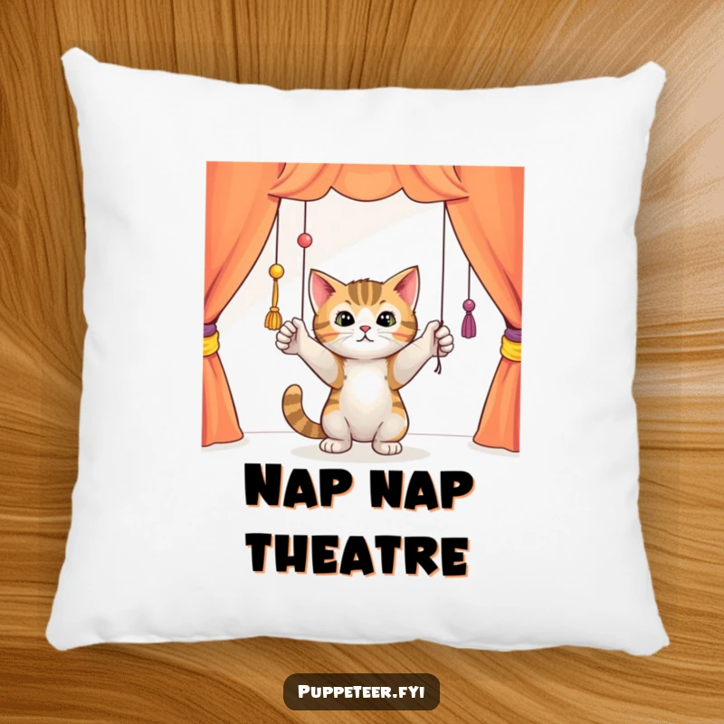 Funny curious cat batting playfully at dangling puppet strings in a colorful theater, soft decorative pillow, bringing feline fun to comfort.