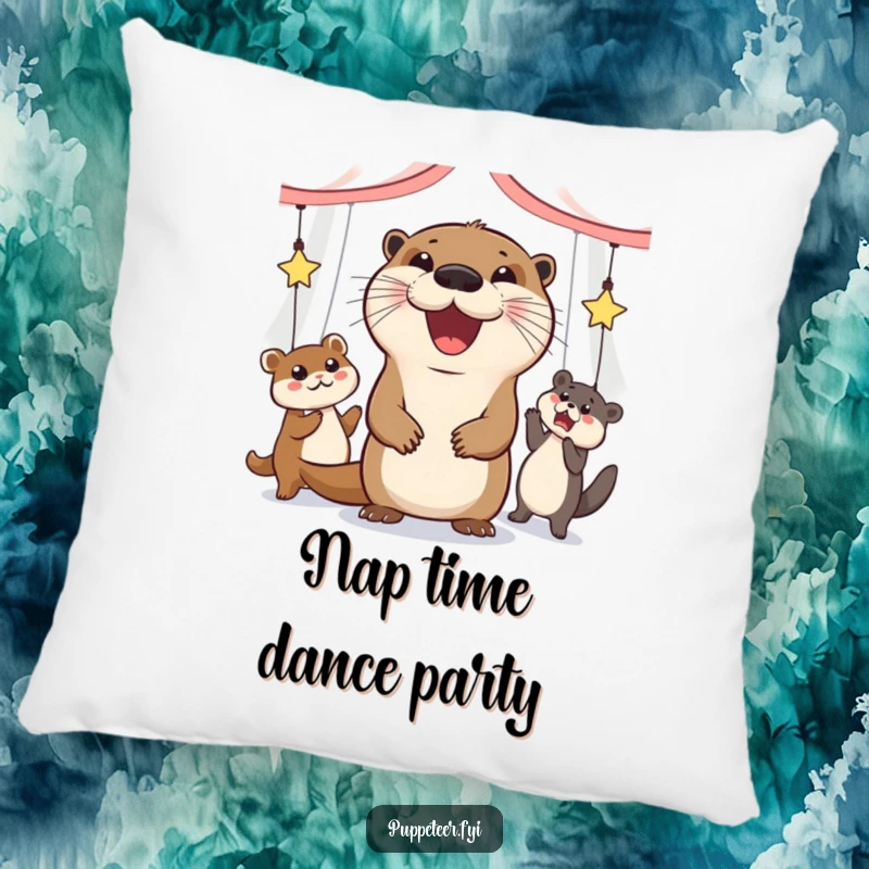 Funny pillow featuring a grinning otter making animal puppets dance, offering cozy comfort and fun.