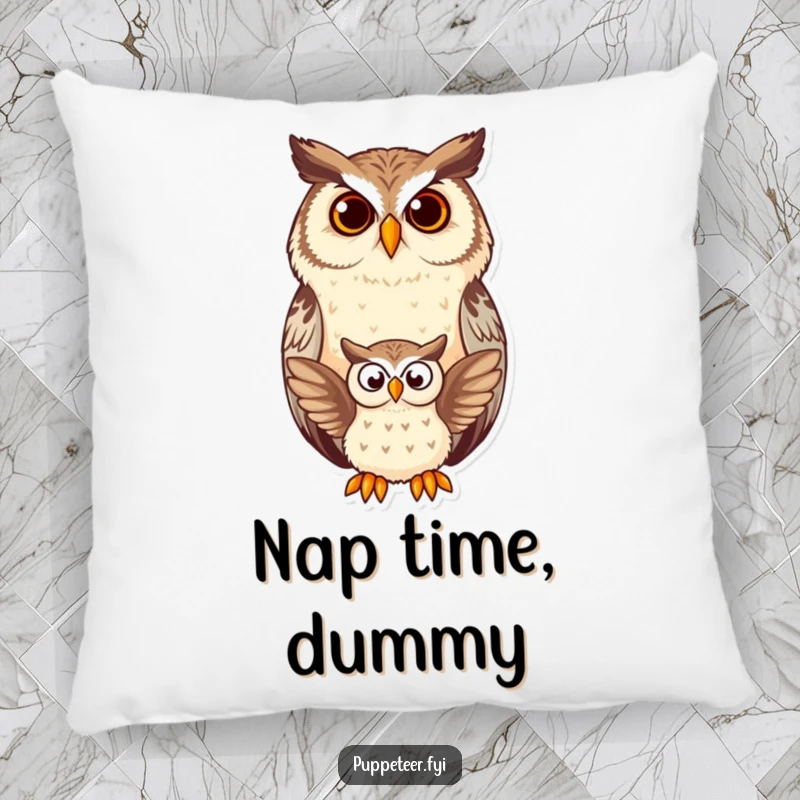Funny owl pillow showcasing a contented owl observing a small owl puppet flap, offering humorous decorative comfort for any space.