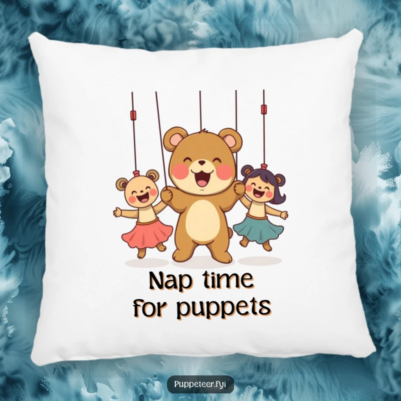 Funny Pillow designed with a delighted bear cub controlling dancing puppets, offering comfort and a playful sense of control.