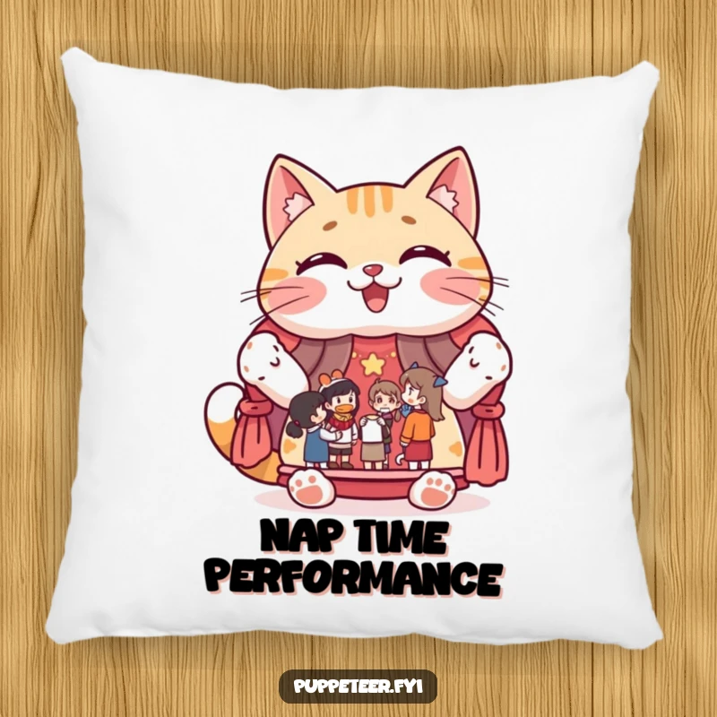 Funny pillow showcasing a giggling cat character proudly displaying a puppet show stage with figures, soft and amusing.
