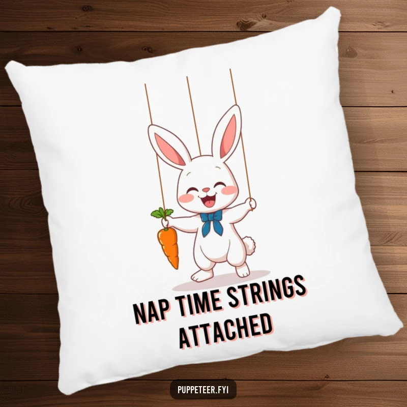 Funny bunny puppet master pillow showing a cute rabbit controlling a carrot dance with strings, soft and decorative for any room.