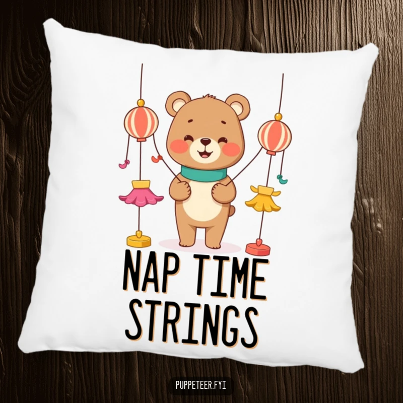 Funny pillow with a smiling bear character expertly manipulating colorful strings attached to dancing puppets, soft and humorous decor.