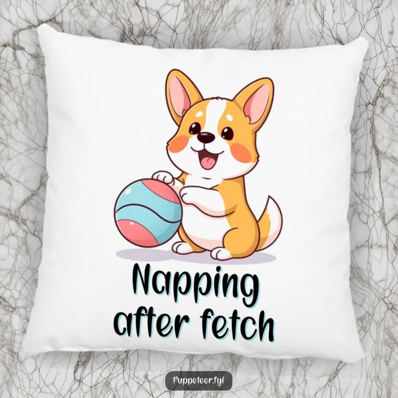Funny and plush pillow featuring an excited corgi enthusiastically manipulating a bouncing ball puppet, perfect for comfort and laughs.
