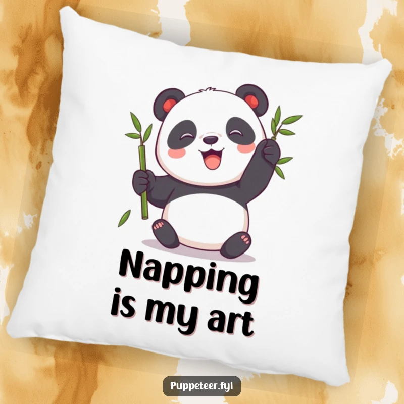Funny Panda Pillow showing a playful panda with a bamboo stalk puppet, offering comfort and a dose of adorable humor.