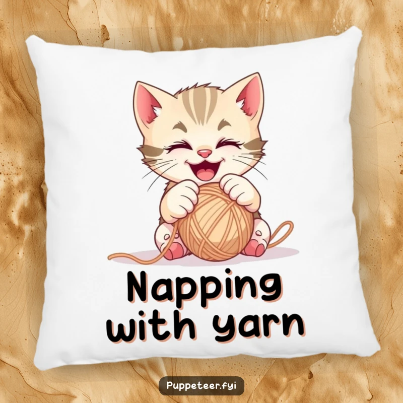 Funny mischievous kitten pillow with gleeful paws controlling a ball of yarn, soft decorative accent for cat enthusiasts.