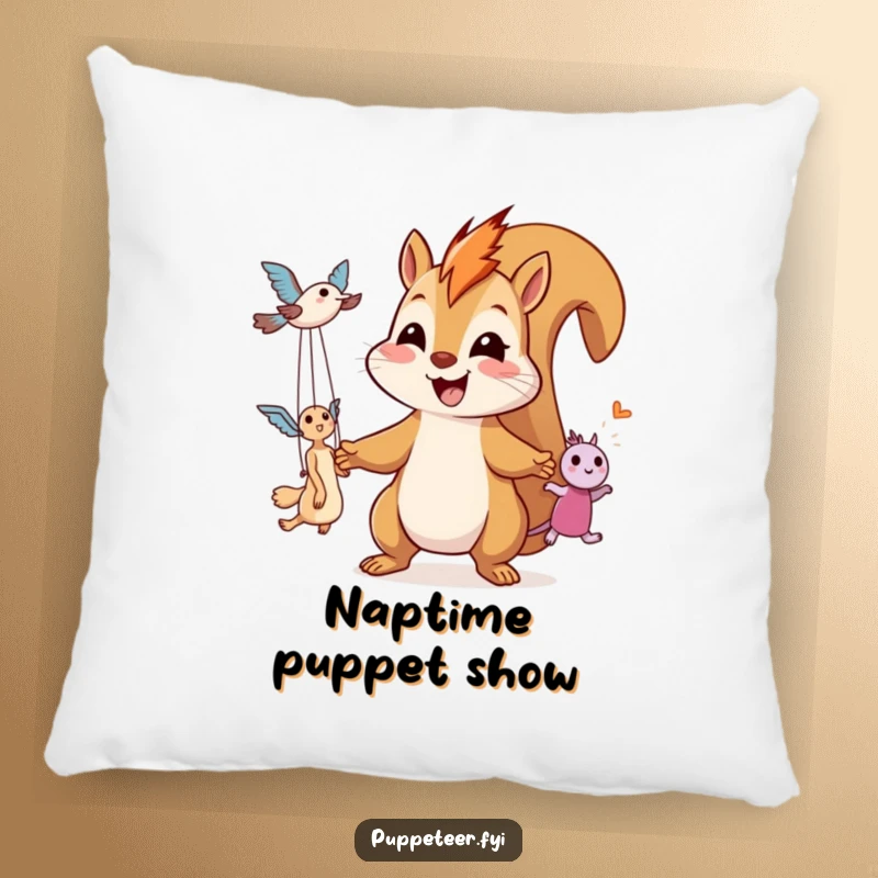 Funny pillow featuring a smiling, giggling squirrel controlling two airborne puppets with strings, a whimsical addition to any room.