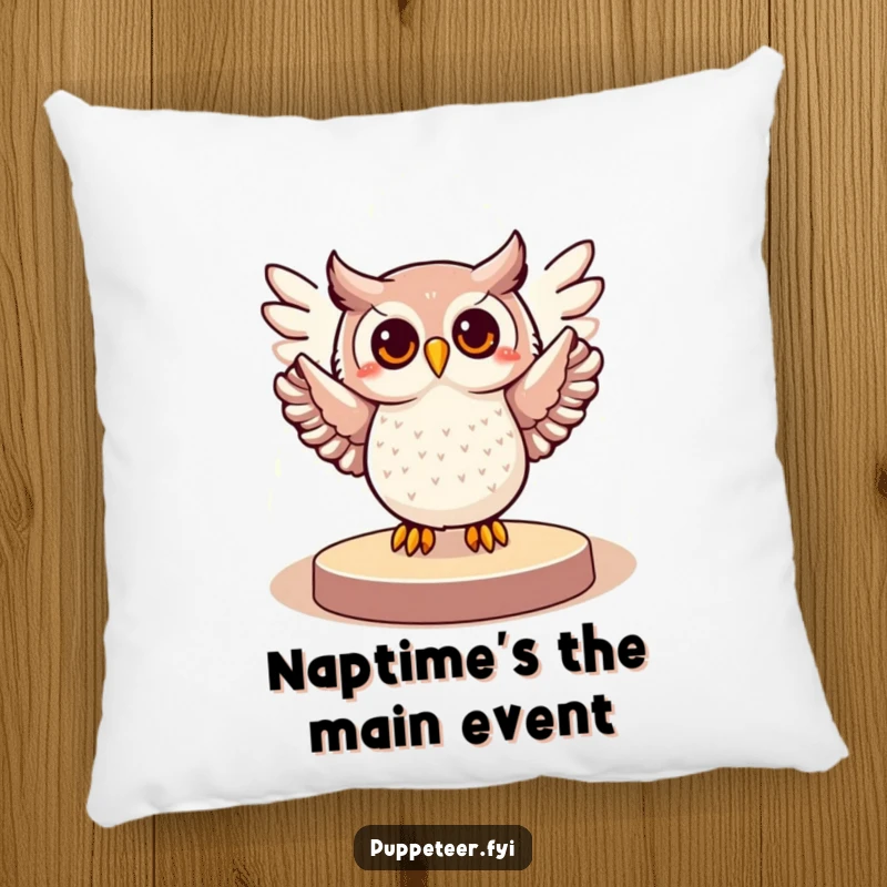 Funny pillow with a cheerful owl dramatically posed in a spotlight, wings in a grand gesture, perfect for adding humor to a couch.