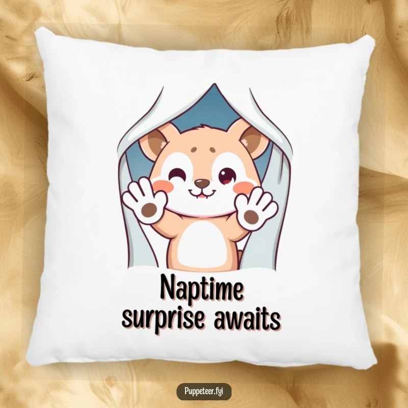 Funny Pillow: Mischievous animal character hiding behind a curtain, waving puppet hands, bringing humor to comfort.
