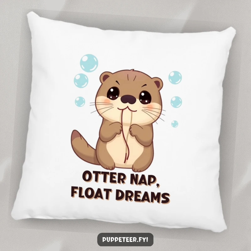 Funny pillow depicting a curious otter with wide eyes, holding strings attached to floating bubbles, soft and huggable for wonder.