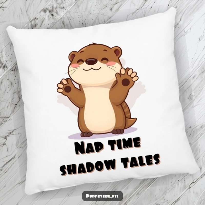 Funny pillow showcasing a playful otter creating shadow puppets, offering comfort and a dose of lighthearted entertainment.