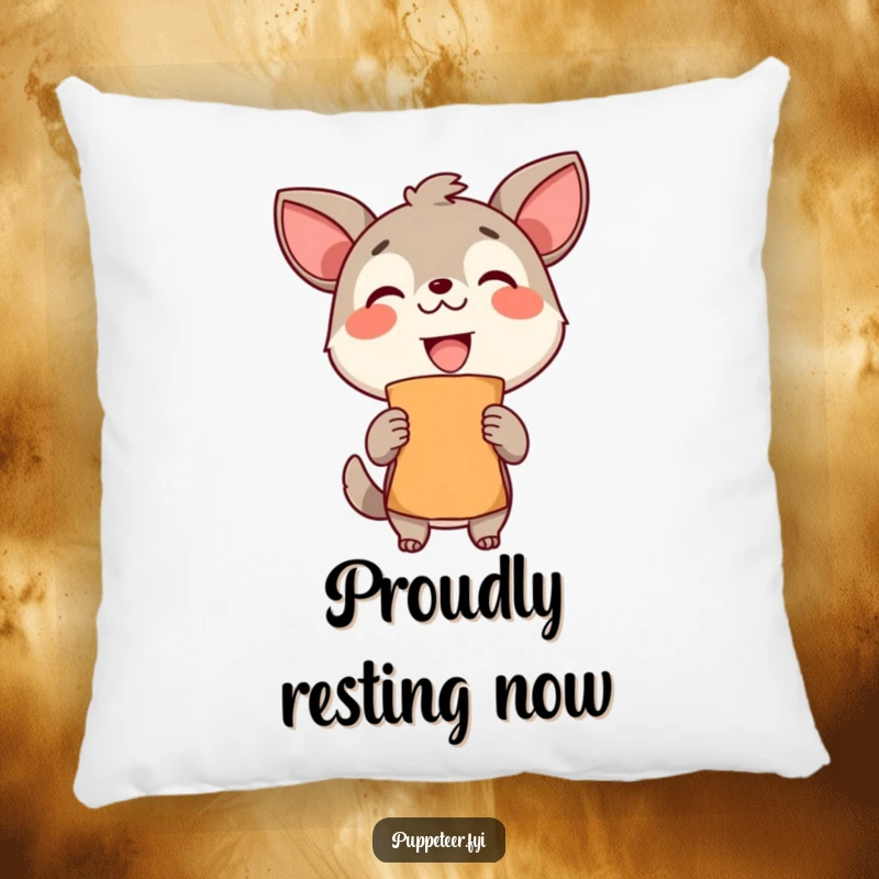 Funny Pillow: A delighted animal proudly holds a finished puppet, its grin radiating satisfaction and creative joy.