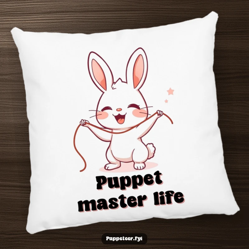 Funny Rabbit Puppet Master Pillow featuring a cute, delighted rabbit character expertly controlling strings, a humorous and cozy gift.