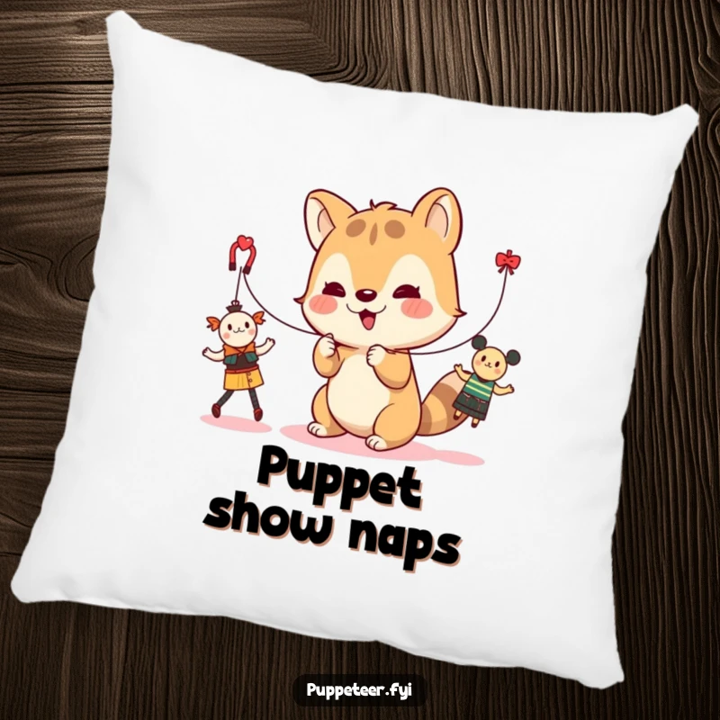 Funny pillow featuring a cute animal character controlling strings for dancing toys, perfect for adding playful comfort to any space.